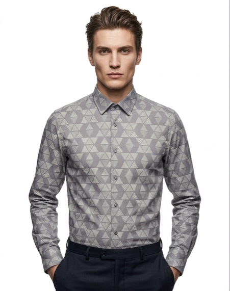 Men's Grey Geometric Print Shirt – Slim Fit Full Sleeve