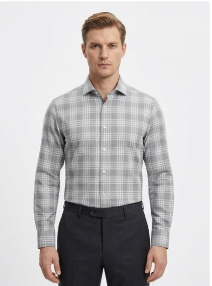 Men's Grey Plaid Formal Shirt – Slim Fit Spread Collar