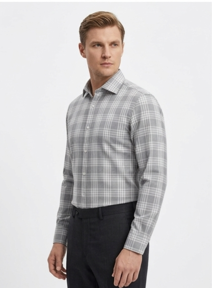 Men's Grey Plaid Formal Shirt – Slim Fit Spread Collar