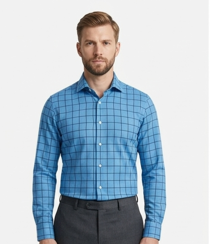 Men's Blue Windowpane Check Formal Shirt – Slim Fit Spread Collar