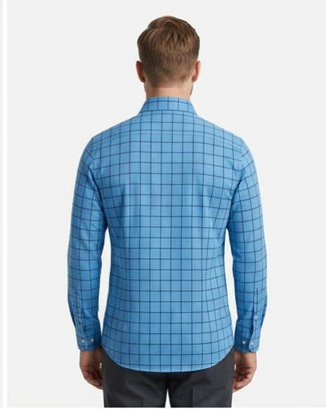 Men's Blue Windowpane Check Formal Shirt – Slim Fit Spread Collar