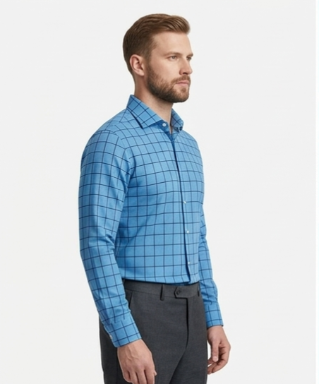 Men's Blue Windowpane Check Formal Shirt – Slim Fit Spread Collar