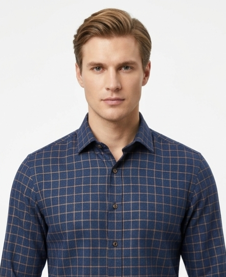 Men's Navy Windowpane Check Formal Shirt – Slim Fit Full Sleeve