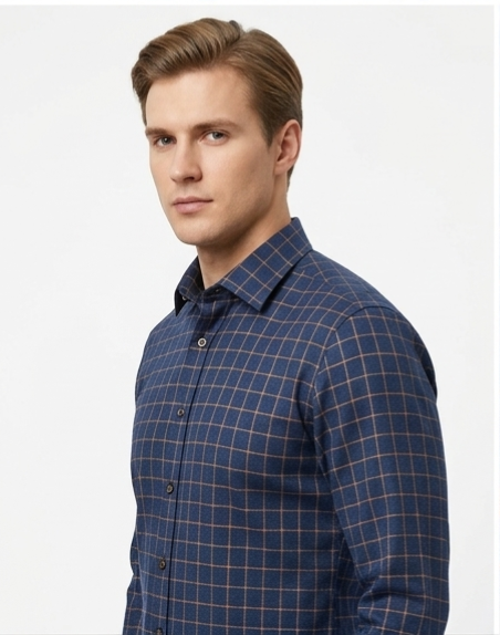 Men's Navy Windowpane Check Formal Shirt – Slim Fit Full Sleeve