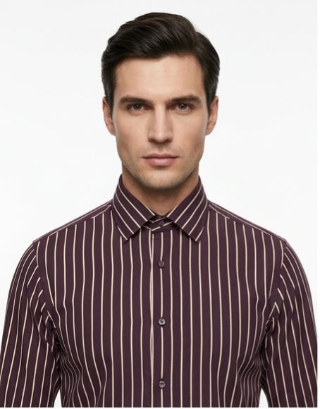 Men's Burgundy Striped Formal Shirt – Slim Fit French Cuff