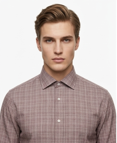 Men's Dusty Rose Brown Check Shirt – Slim Fit Spread Collar