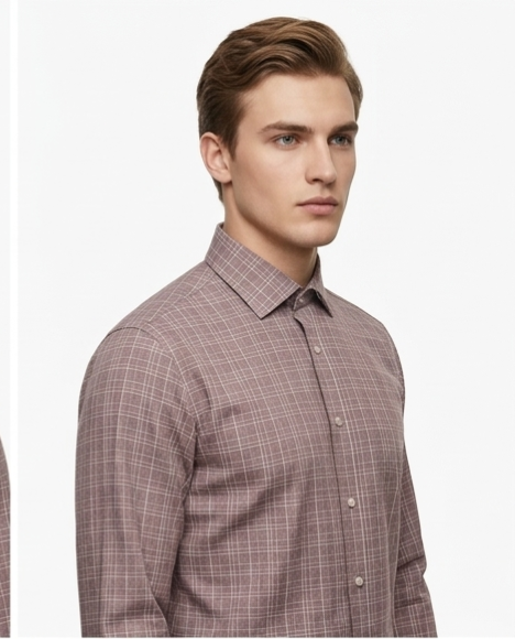 Men's Dusty Rose Brown Check Shirt – Slim Fit Spread Collar