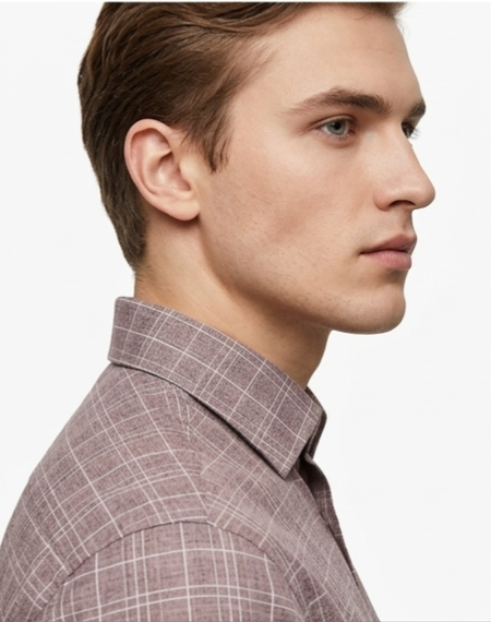 Men's Dusty Rose Brown Check Shirt – Slim Fit Spread Collar