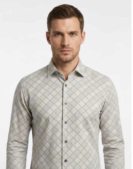 Men's Beige Diamond Lattice Print Shirt – Slim Fit Full Sleeve