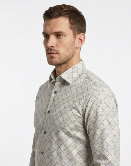 Men's Beige Diamond Lattice Print Shirt – Slim Fit Full Sleeve