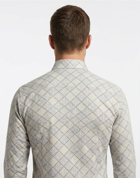 Men's Beige Diamond Lattice Print Shirt – Slim Fit Full Sleeve