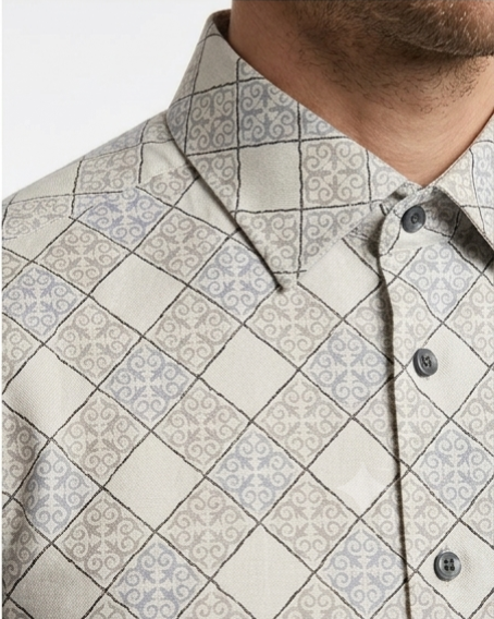 Men's Beige Diamond Lattice Print Shirt – Slim Fit Full Sleeve