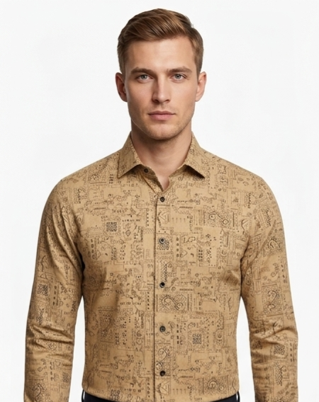 Camel Beige Architectural Map Print Shirt