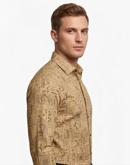 Camel Beige Architectural Map Print Shirt