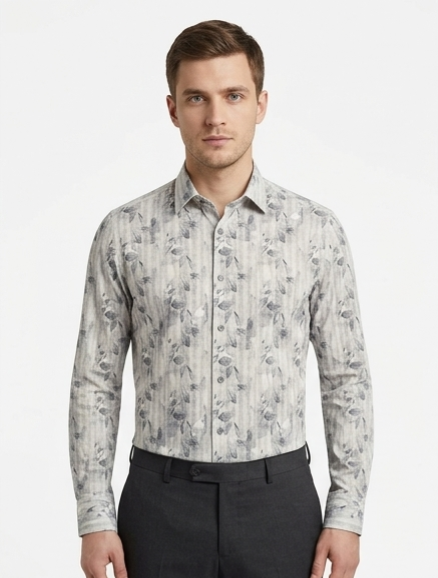 Men's Grey Floral Stripe Print Shirt – Slim Fit Full Sleeve
