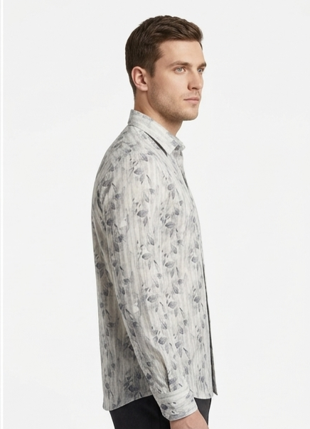 Men's Grey Floral Stripe Print Shirt – Slim Fit Full Sleeve