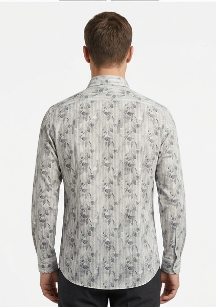 Men's Grey Floral Stripe Print Shirt – Slim Fit Full Sleeve