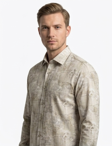 Men's Taupe Abstract Architectural Print Shirt