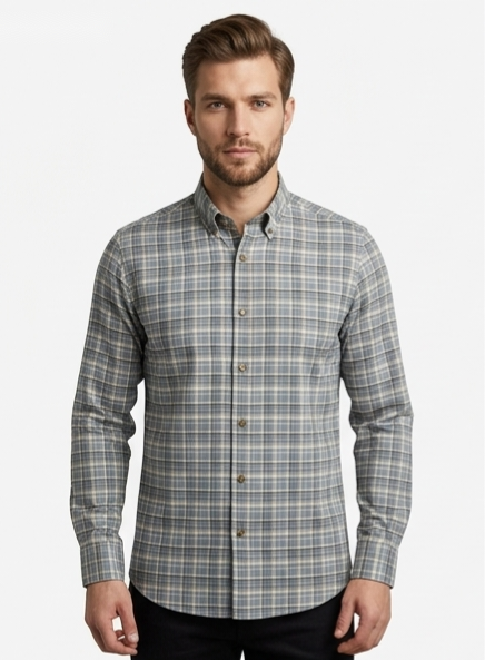 Men's Grey Multi-Check Shirt – Slim Fit Button-Down