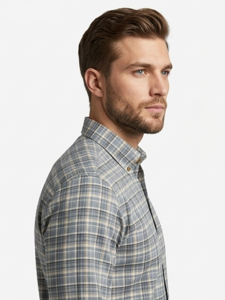 Men's Grey Multi-Check Shirt – Slim Fit Button-Down