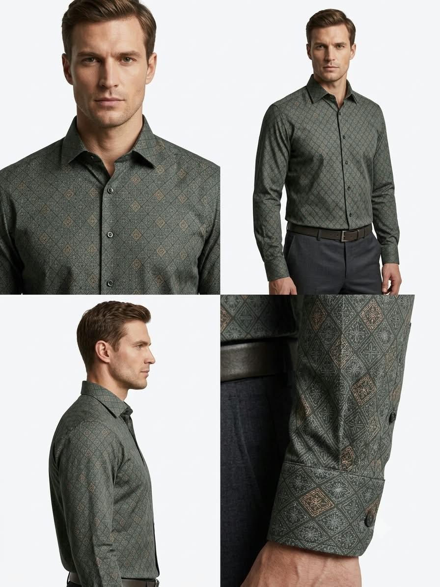 Olive Green Geometric Print Formal Shirt