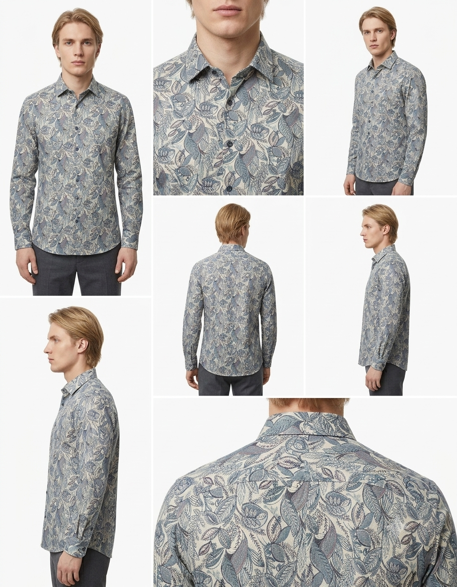 Men's Grey Blue Botanical Print Shirt – Slim Fit Full Sleeve