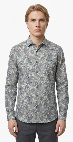 Men's Grey Blue Botanical Print Shirt – Slim Fit Full Sleeve