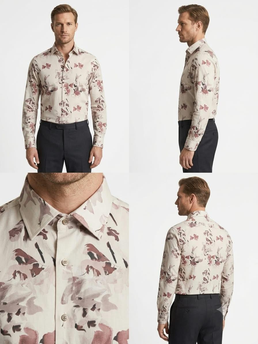 Beige Watercolor Floral Print Formal Shirt
