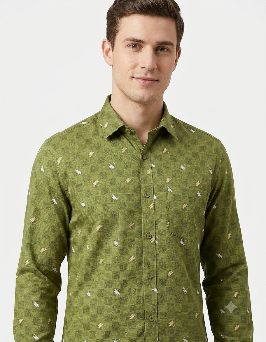 Men's Olive Green Checkerboard Print Shirt – Regular Fit Full Sleeve