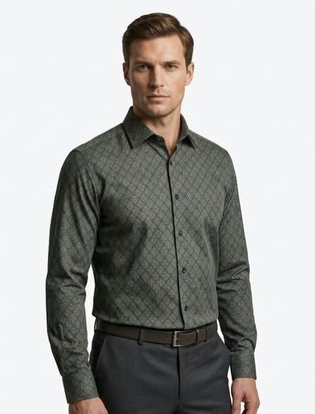 Olive Green Geometric Print Formal Shirt