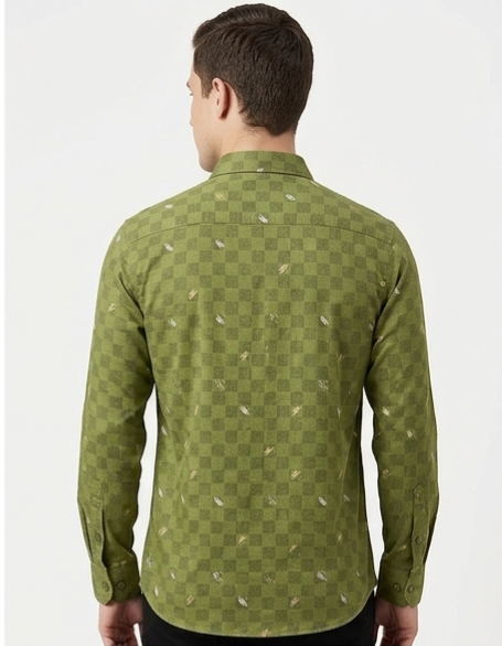Men's Olive Green Checkerboard Print Shirt – Regular Fit Full Sleeve