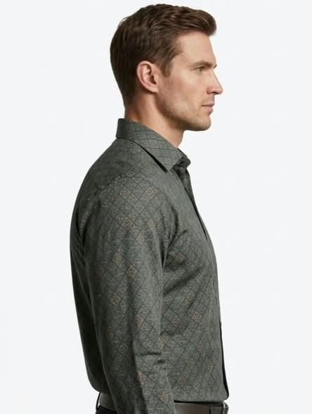 Olive Green Geometric Print Formal Shirt