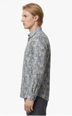 Men's Grey Blue Botanical Print Shirt – Slim Fit Full Sleeve