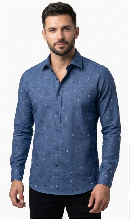Men's Blue Textured Floral Print Shirt – Slim Fit Full Sleeve