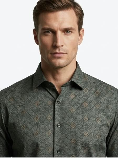 Olive Green Geometric Print Formal Shirt