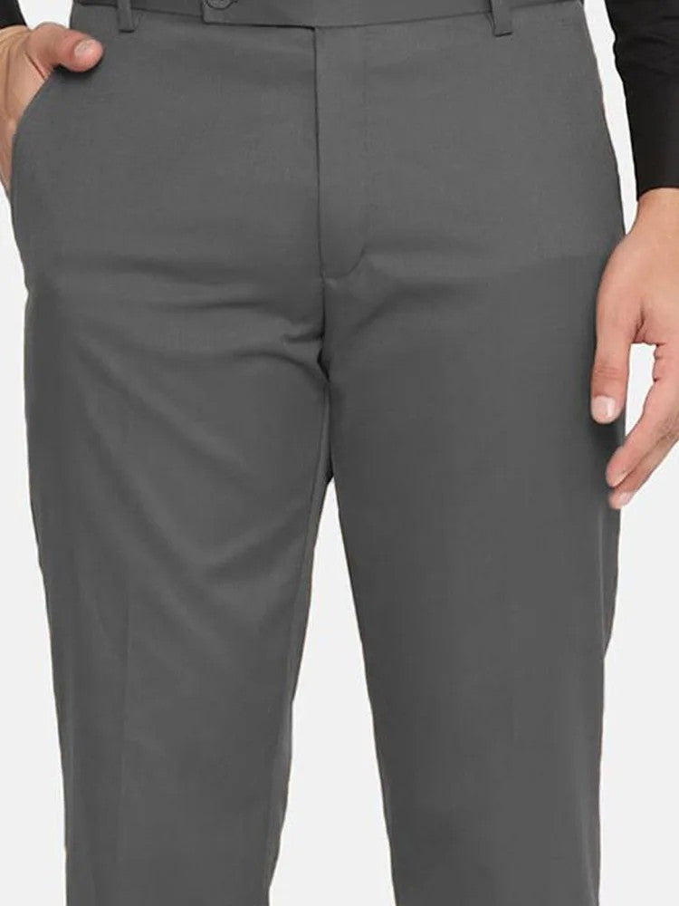 Men's Dark Grey 2-Way Stretch Formal Trousers – Regular Fit Flat Front