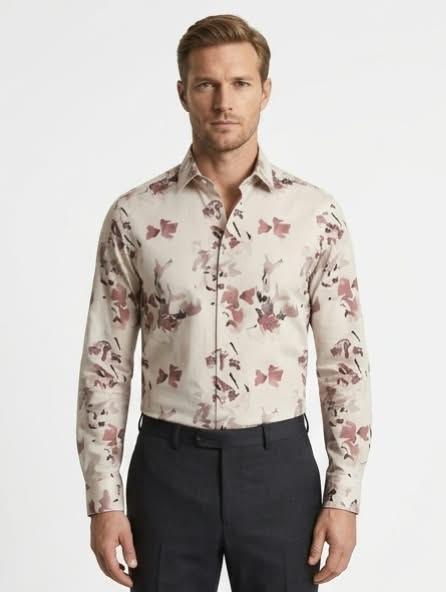 Beige Watercolor Floral Print Formal Shirt