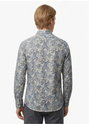 Men's Grey Blue Botanical Print Shirt – Slim Fit Full Sleeve